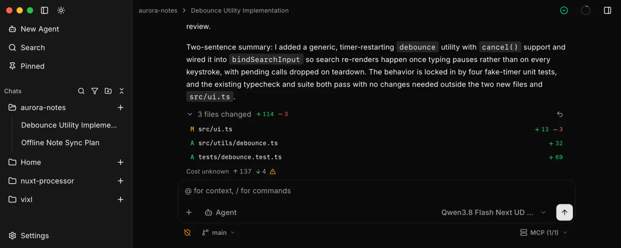Vixl Agent mode chat in dark theme, showing file edits and tool use beside the workbench